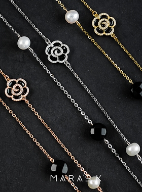 925纯银眼镜链 珍珠眼镜挂链日本口罩链挂绳 小香风山茶花黑玛瑙