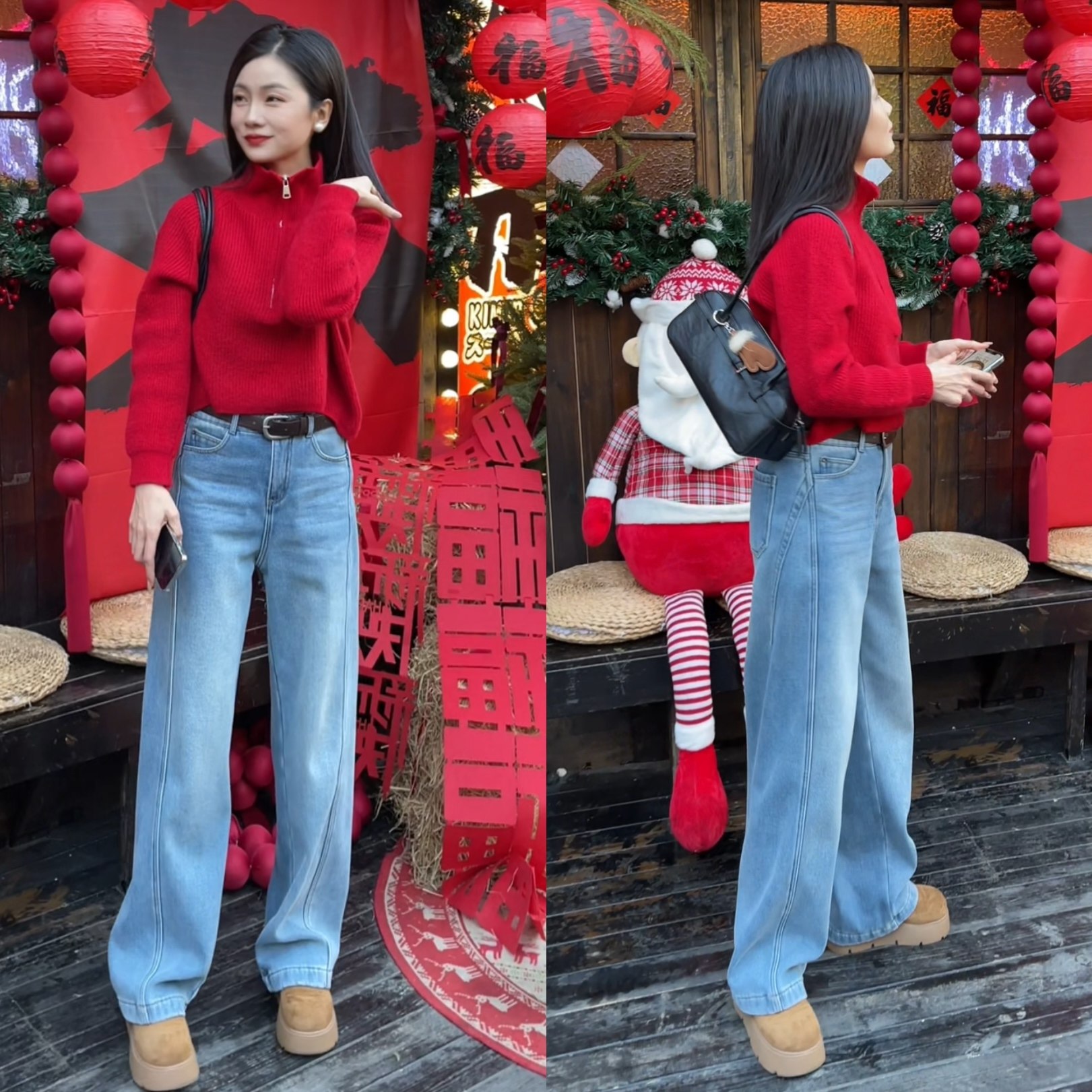 小弯刀牛仔阔腿裤冬季新款复古高腰宽松加绒显瘦保暖休闲长裤女