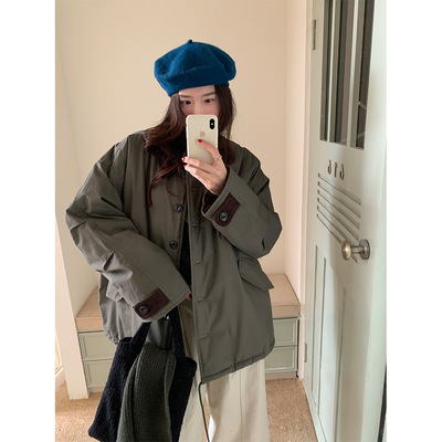 黄峥撞色灯芯绒领加厚羊羔毛外套冬季保暖中长款风衣派克服541161