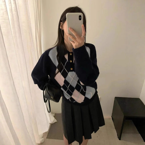 韩国 erume秋冬季polo领简约撞色百搭菱格纹学院风针织开衫毛衣女