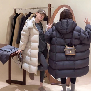 广州十三行1连帽长款羽绒服女2025冬过膝白鸭绒泡芙休闲外套