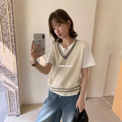 广州十三行imiss ~含细羊毛学院风撞色v领显瘦针织背心女