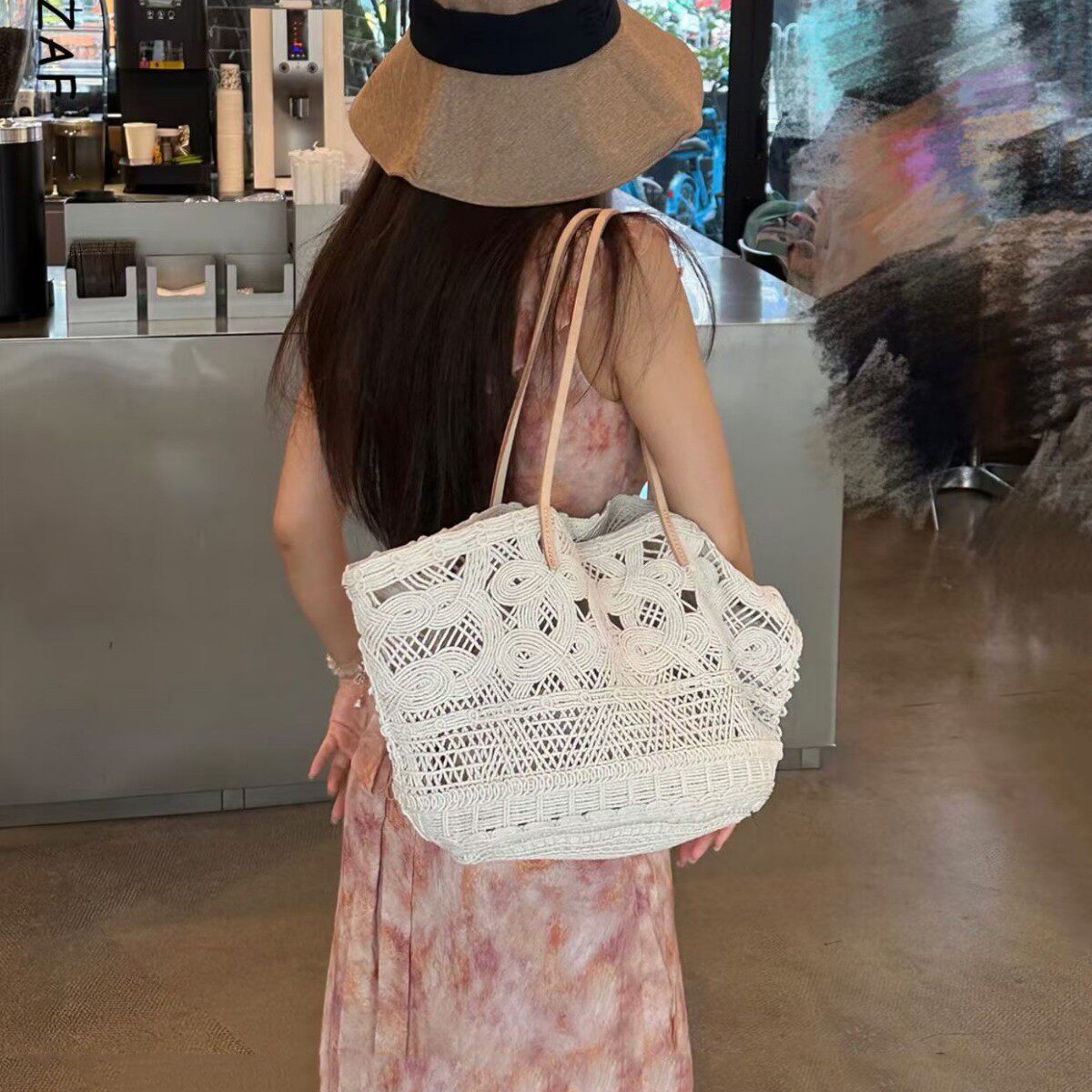 手工镂空编织包单肩牛皮大包女镂