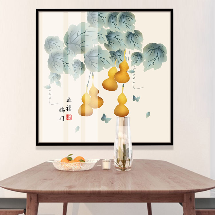新中式五福临门装饰画五只葫芦绿色藤晶瓷画餐厅正方形铝合金框画图片