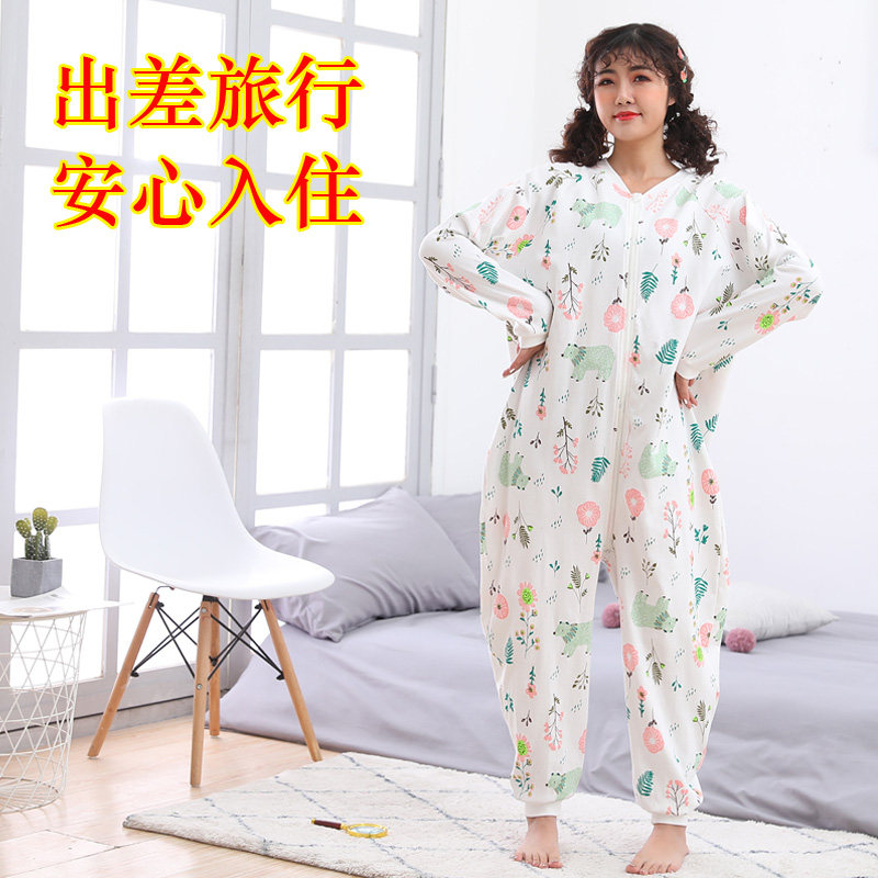 旅行睡衣女便携薄款夏季纯棉睡袋春秋家居服大码可爱休闲连体裤夏
