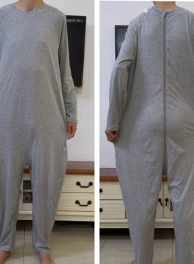 2306灰色纯棉春夏款长袖长裤连体衣痴呆老人连体裤防脱后背拉链