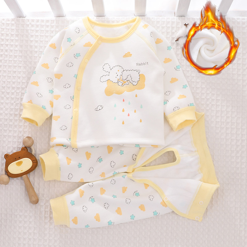 新生婴儿保暖内衣加绒套装分体厚秋冬季加绒上衣外套开衫开裆裤子