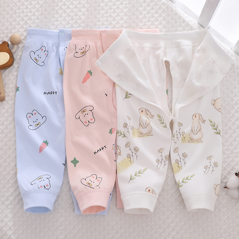 婴儿纯棉开裆按扣可调节夏薄长裤