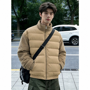 卡其色竖纹拼接袖排骨羽绒棉服男冬季显瘦休闲长袖情侣保暖棉衣潮