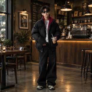 PU皮短款拼色立领潮牌羽绒服男冬季加厚宽松面包棉服青年棉衣外套