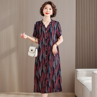 大码 气质时尚 妈妈装 新款 显瘦V领裙子 中老年棉绸印花连衣裙女夏季
