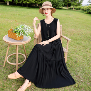 无袖 中老年妈妈装 纯色大摆沙滩长裙子 棉绸连衣裙女宽松大码 夏季