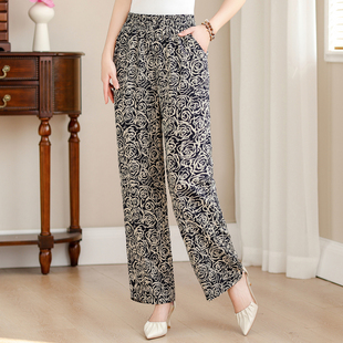 新款 长裤 高腰直筒休闲裤 宽松印花棉绸薄款 子女 妈妈大码 中老年夏季