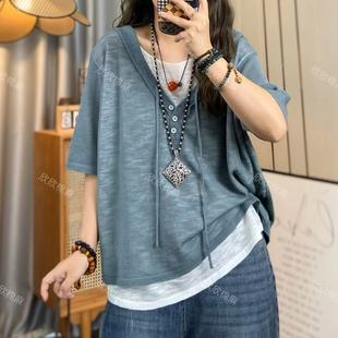 针织衫 欣欣 连帽短袖 夏季 女文艺休闲宽松百搭假两件 新款