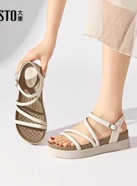 大东绑带凉鞋24夏季新款罗马风平底中跟一字扣圆头厚底鞋24X3553