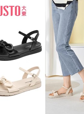 大东一字带凉鞋23春季新款甜美低跟平底蝴蝶结露趾女鞋23X1726A