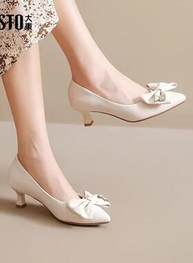 大东高跟鞋女鞋24春新款甜美蝴蝶结尖头细跟套脚中跟单鞋24C1117