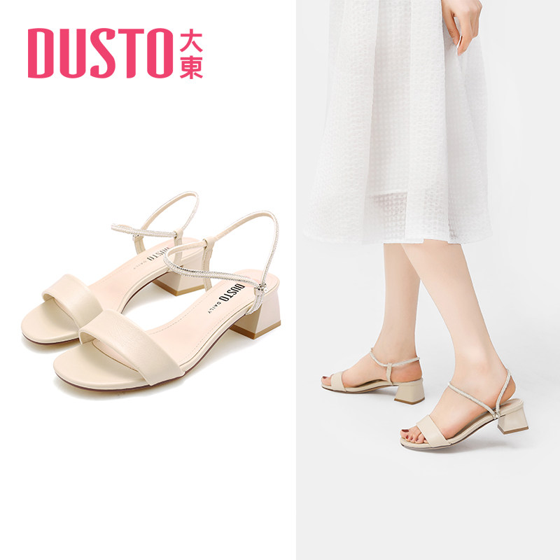 dusto大东22新款夏季中跟粗跟优雅简约一字带凉鞋水钻女鞋22x1629