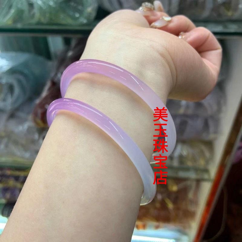 冰种玉髓樱花粉手镯玛瑙圆条女款少女桃花粉渐变玉镯子手镯
