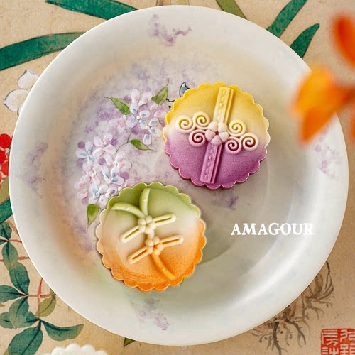 AMAGOUR原创 50克中式汉服盘扣国风元素绿豆糕桃山皮手压式月饼模