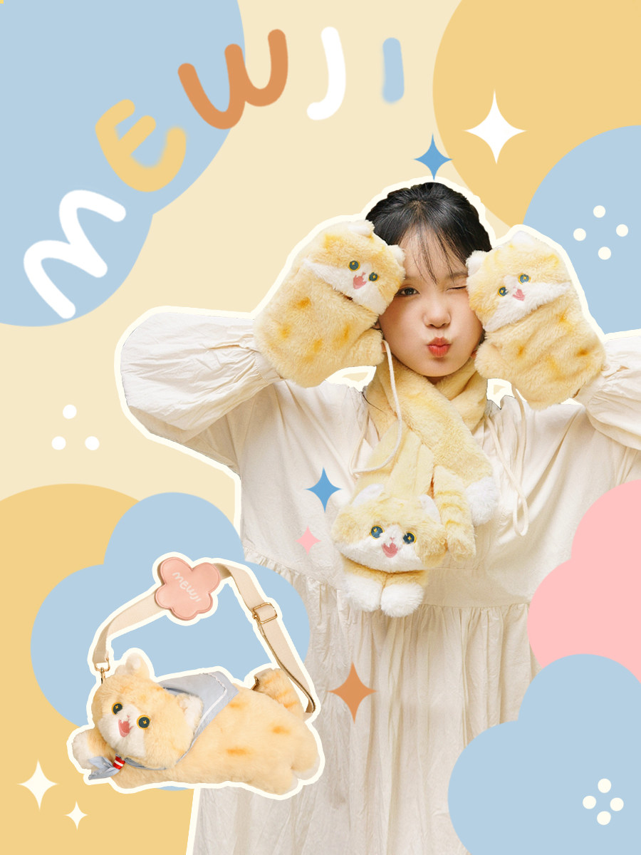 MEWJI 원래 고양이 귀여운 JK 소녀 오렌지 고양이 스카프 플러시 가을 겨울 스카프 장갑 어깨 가방