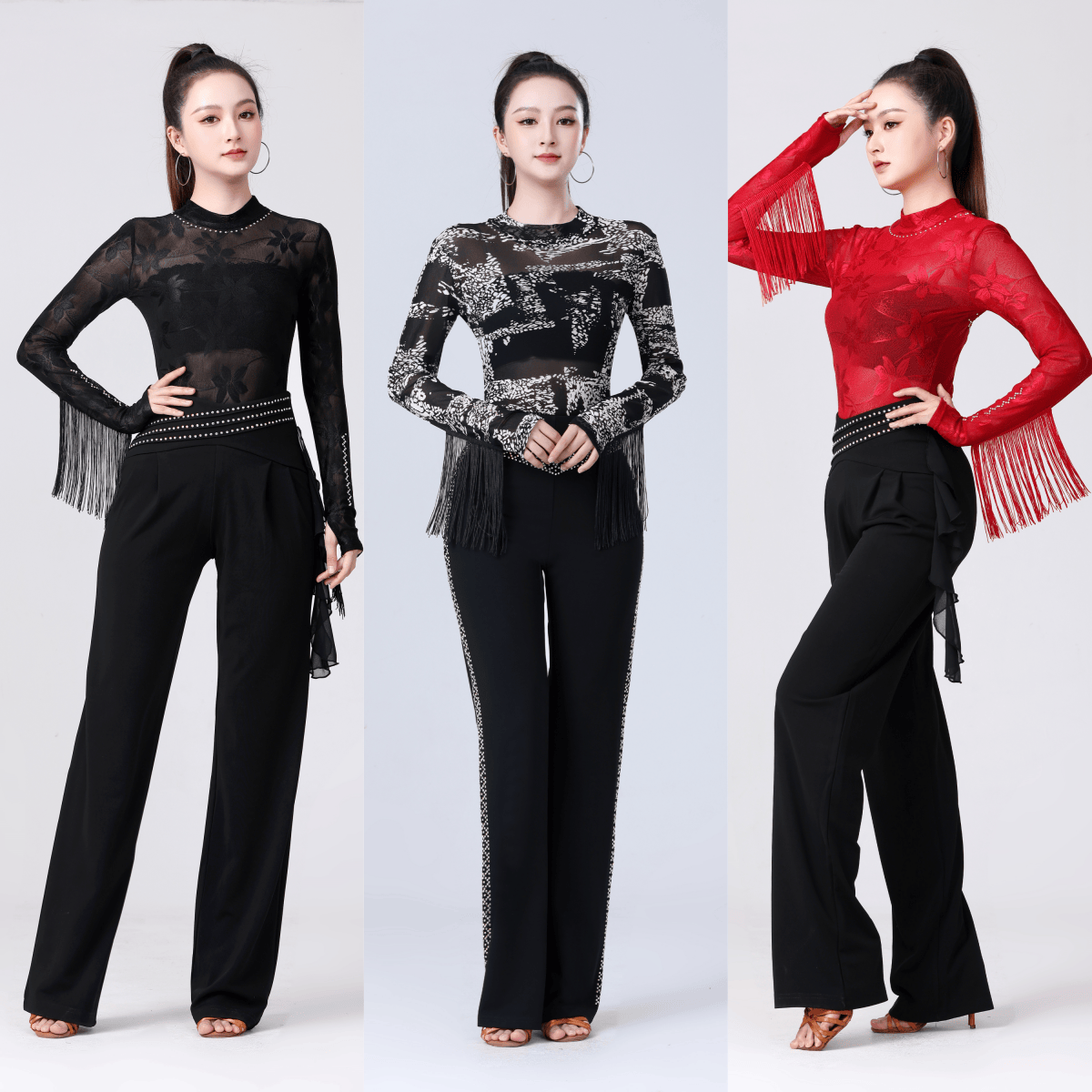 吉特巴连裆长袖摩登舞演出服新款拉丁舞上衣表演服三步踩服装套指