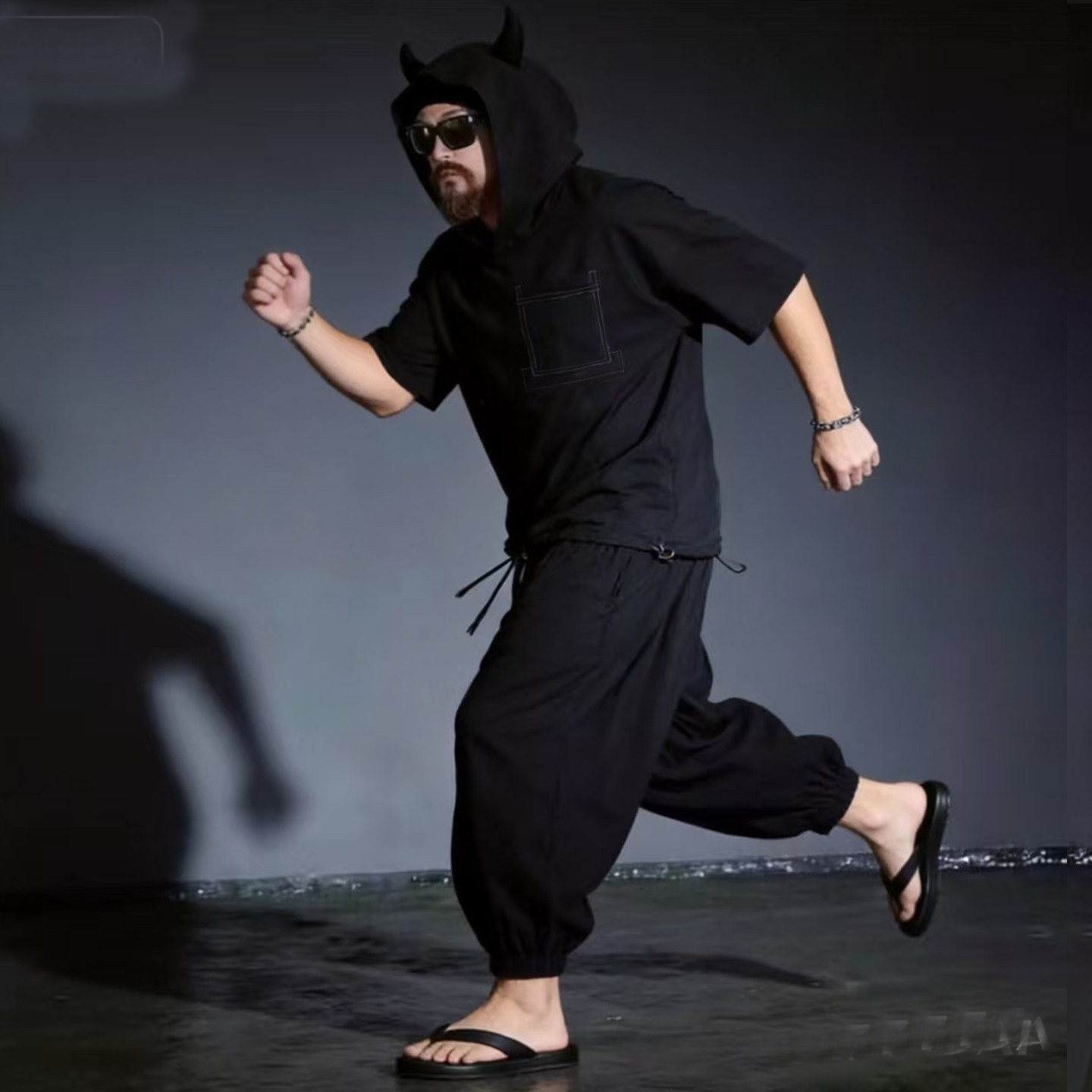 小众设计感恶魔角帽衫短袖T恤纯棉暗黑系中性风五分袖宽松套头衫