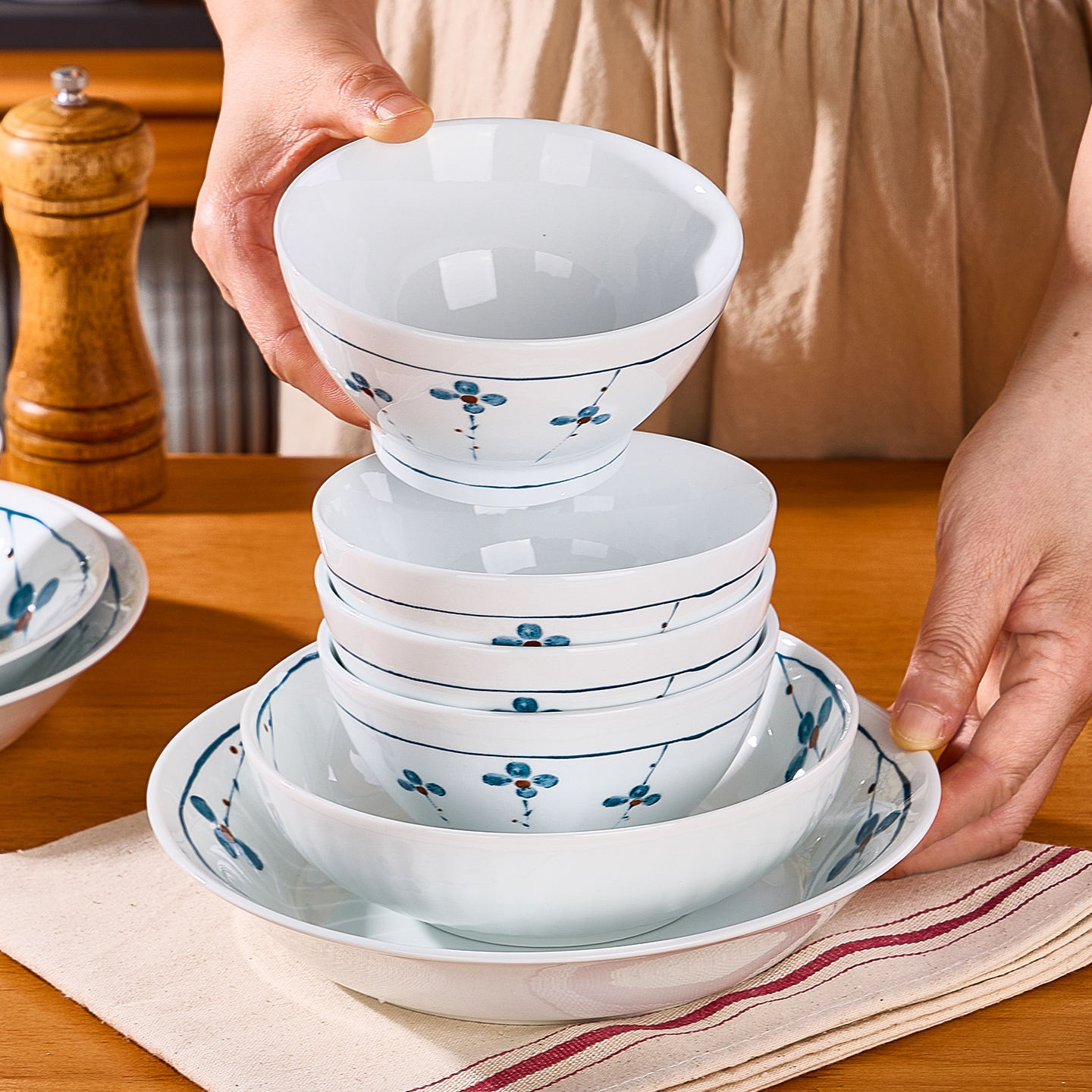 优尊清浅碗陶瓷釉下彩碗10个装