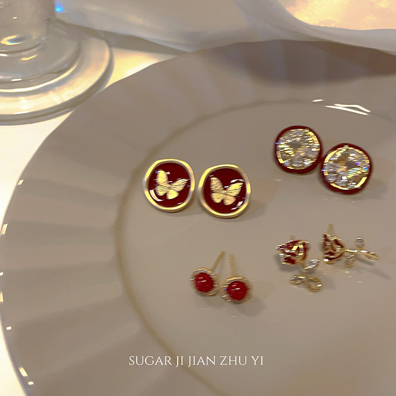 SUGAR 复古红色滴油蝴蝶耳钉2025新款爆款高级感独特气质耳环女