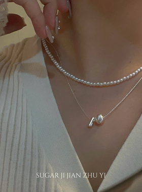 拉丝银球双层珍珠项链女轻奢小众设计高级感时尚简约气质锁骨链
