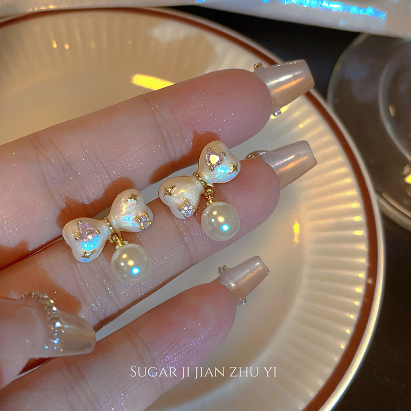 SUGAR 甜美蝴蝶结珍珠耳钉新款2025年爆款小众独特高级感耳环女