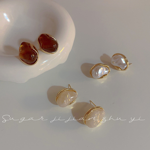 SUGAR初秋bi入 不规则金属耳钉轻奢高级感复古耳环女2025年新款