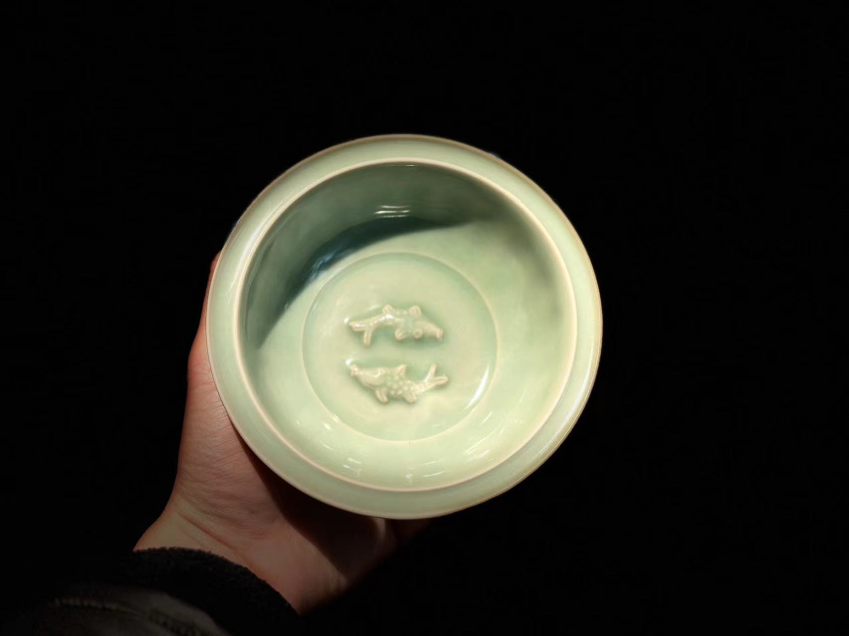 70年代仿宋龙泉青瓷文房笔洗 龙泉窑瓜棱双鱼盘 工夫茶道器壶承托