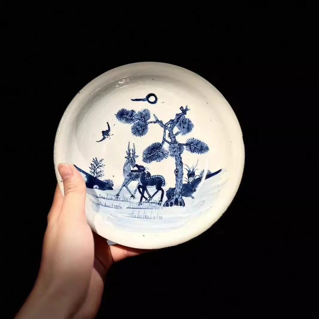 古器物清代早期青花瓷赏盘 手绘松树梅花鹿图 工夫茶专用壶承茶盘