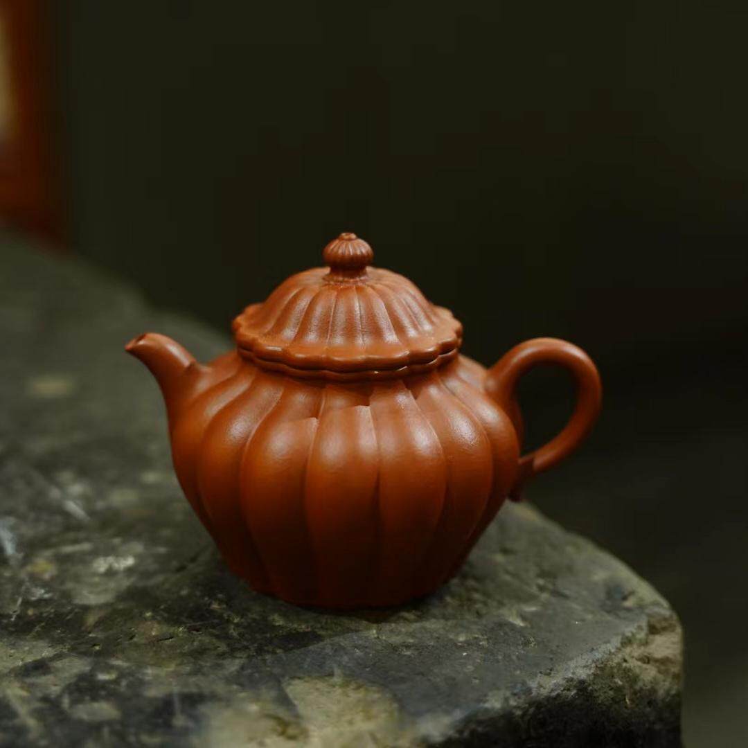 00年代台订全手紫砂壶原矿老朱泥 手工筋纹器菊瓣壶泡茶道器180c