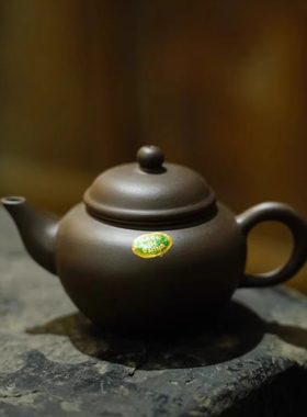 70年早期紫砂一厂原矿老黑铁砂 鸭嘴水平壶精品绿标 孟臣款泡茶道