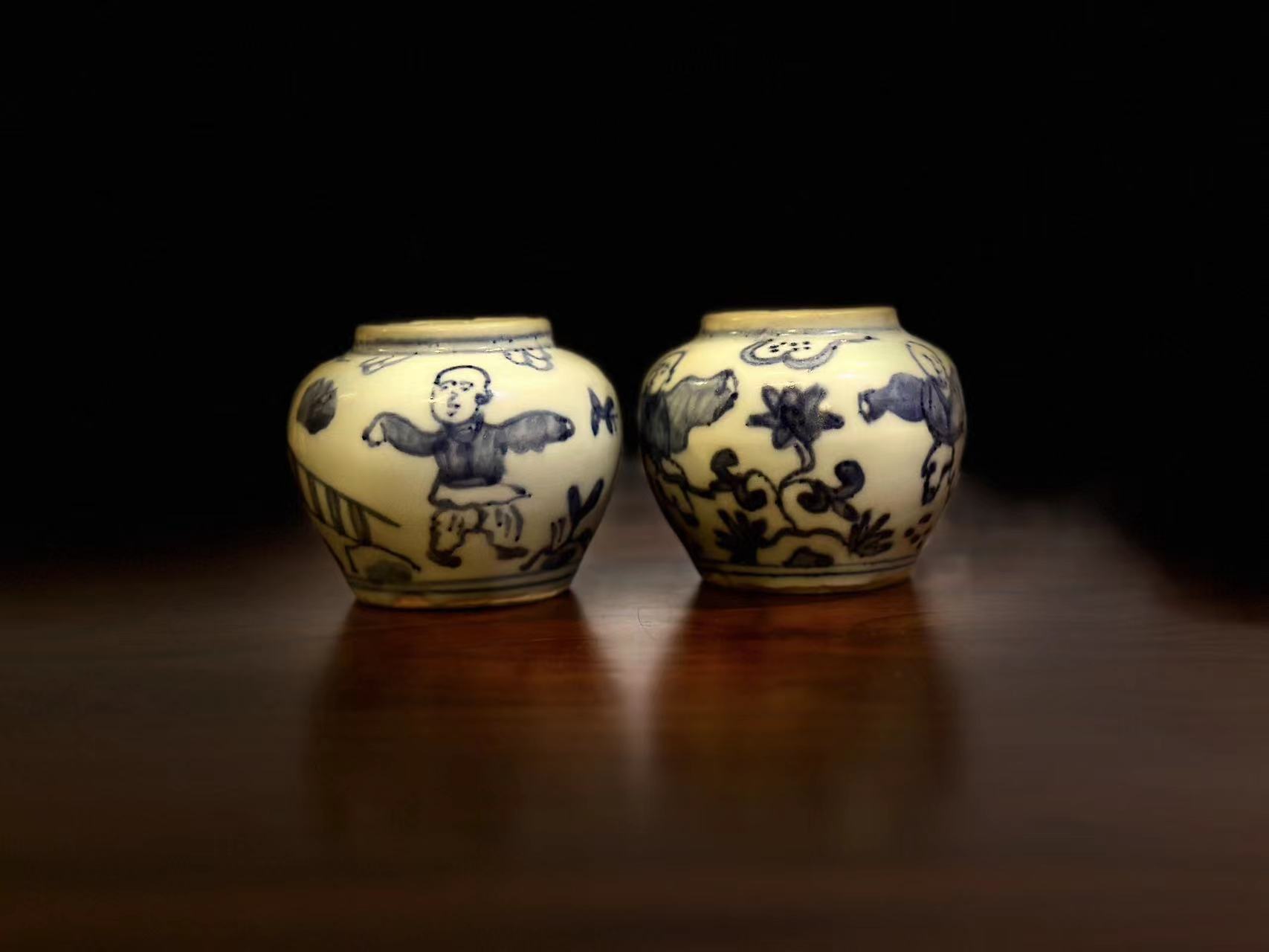 古器物明代瓷器明青花瓷画人物娃娃五谷罐茶席茶罐文房小水盂一对
