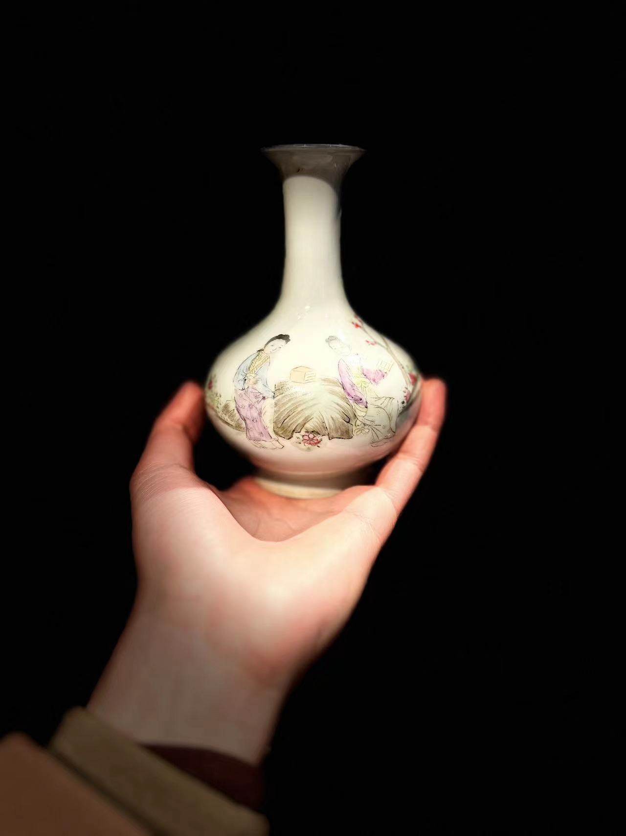 古器物民国粉彩小花瓶 手绘人物小姐读书图赏瓶 茶席花道插花摆器