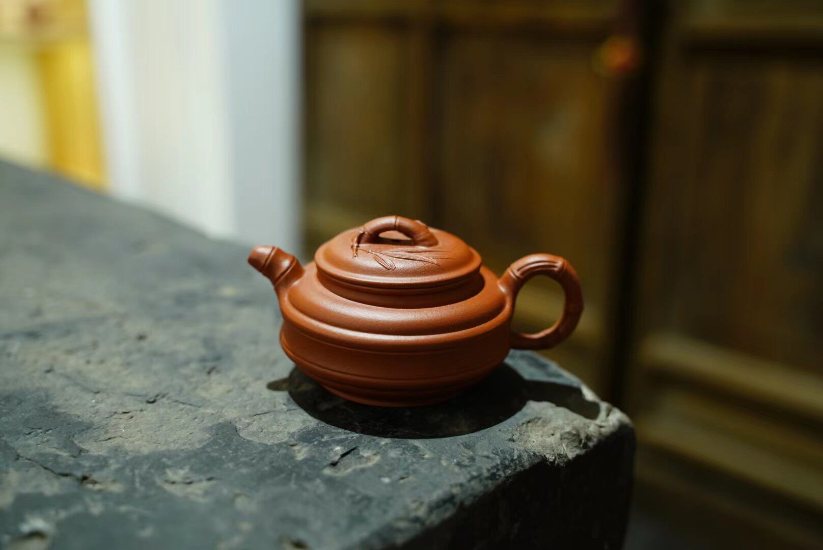 朱泥紫砂壶双线竹鼓刻竹