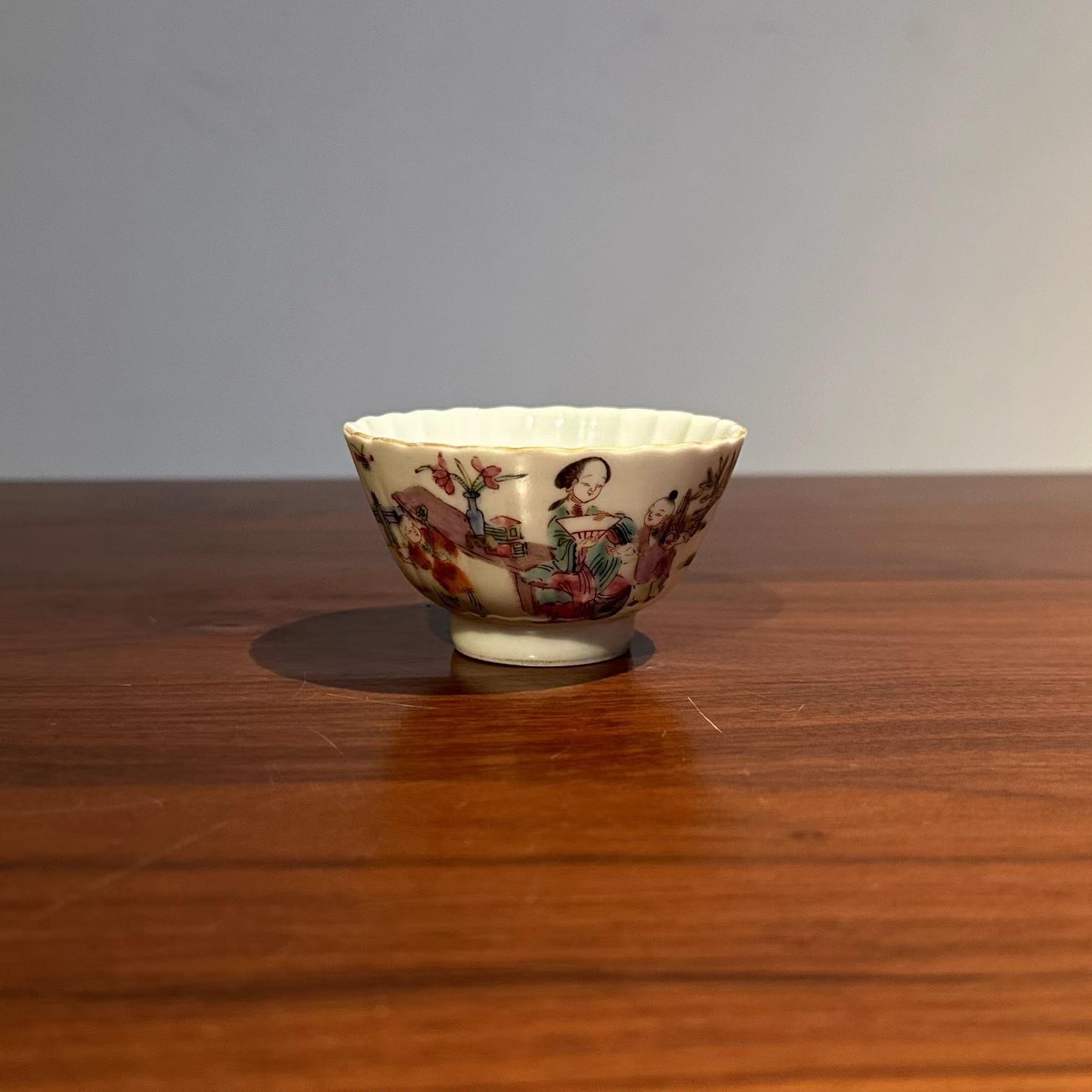 清末民国粉彩主人杯 手绘三娘教子人物图菊瓣杯 浅口工夫泡茶品茗