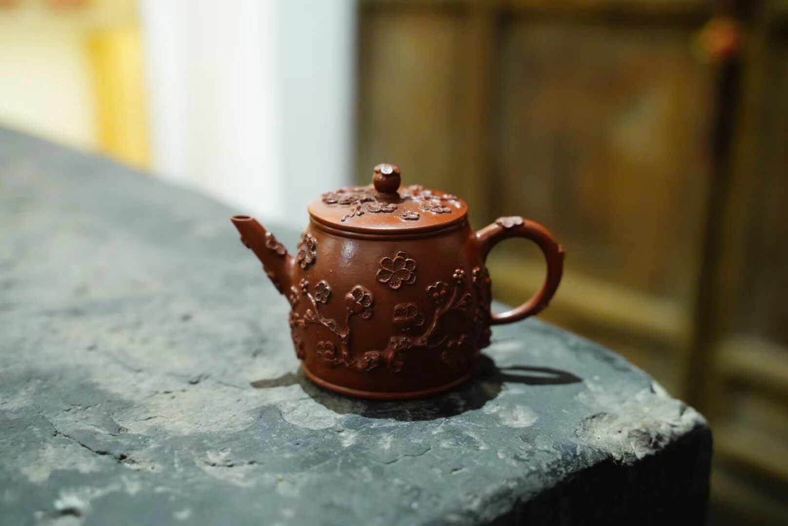 80年代全手工紫砂原矿粗砂老朱泥 高桶型梅花壶工夫小品孟臣罐85c