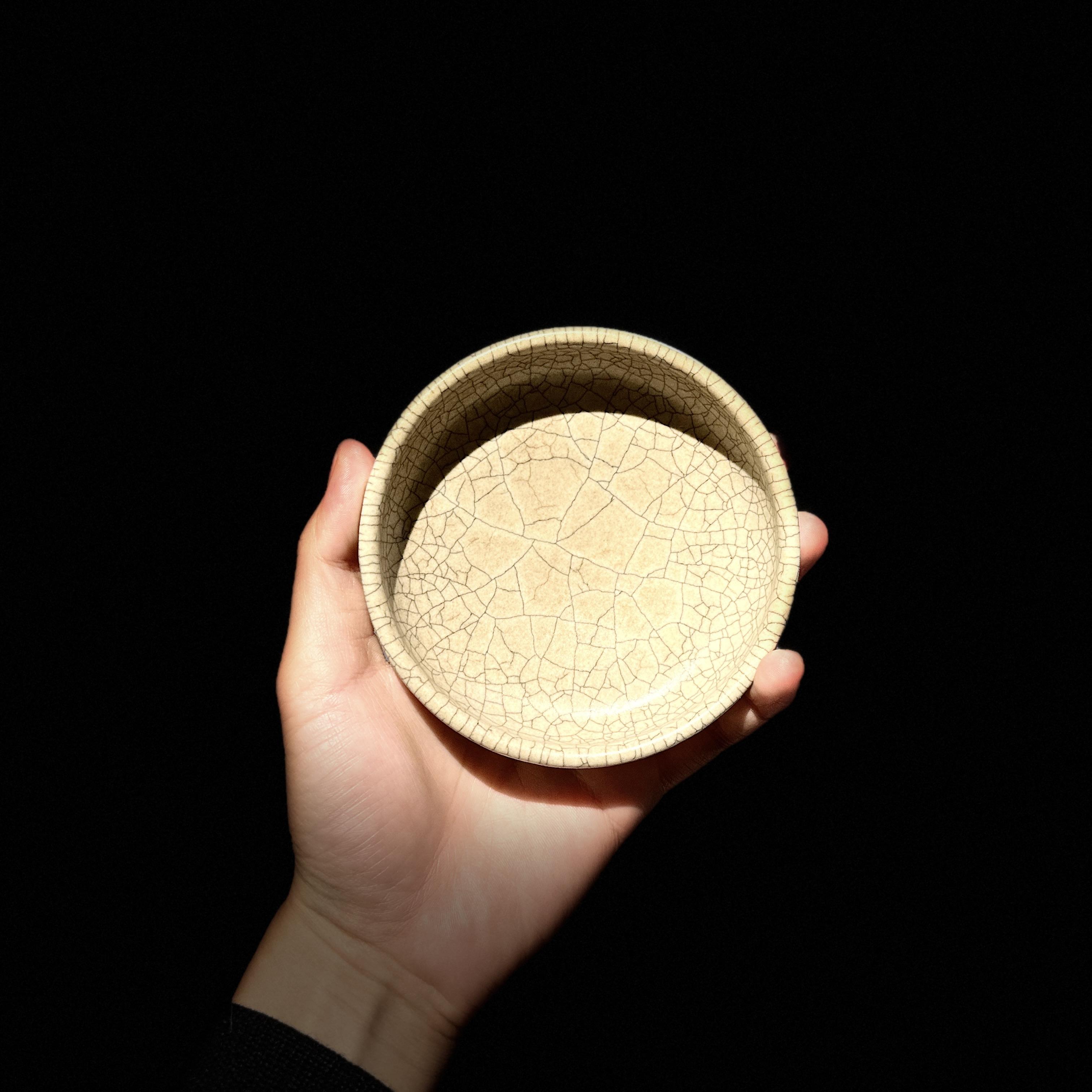 早期精品传世哥窑圆口洗 哥窑青黄釉金丝铁线纹 全开片腰线小壶承