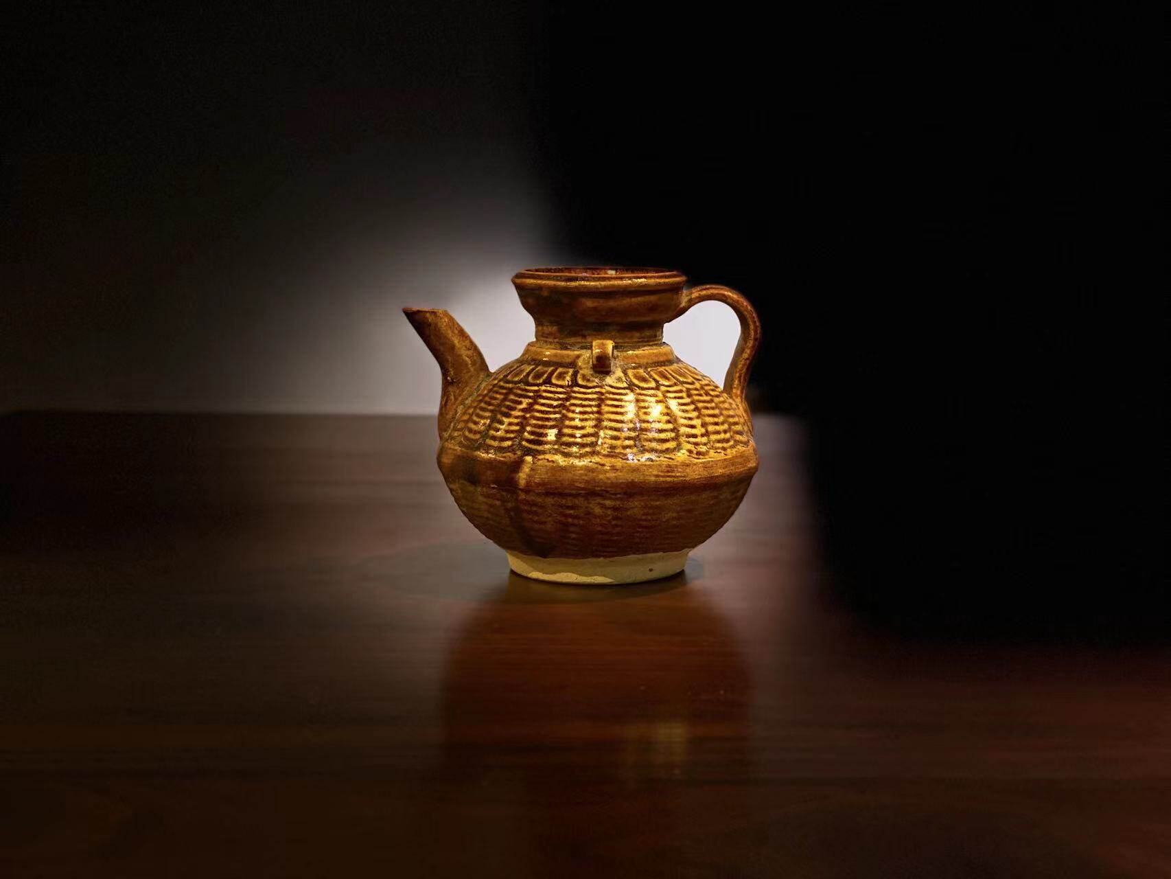 古器物宋代时期 福建大口窑酱色竹篓型双系罐酒瓶 中式煎茶公道壶