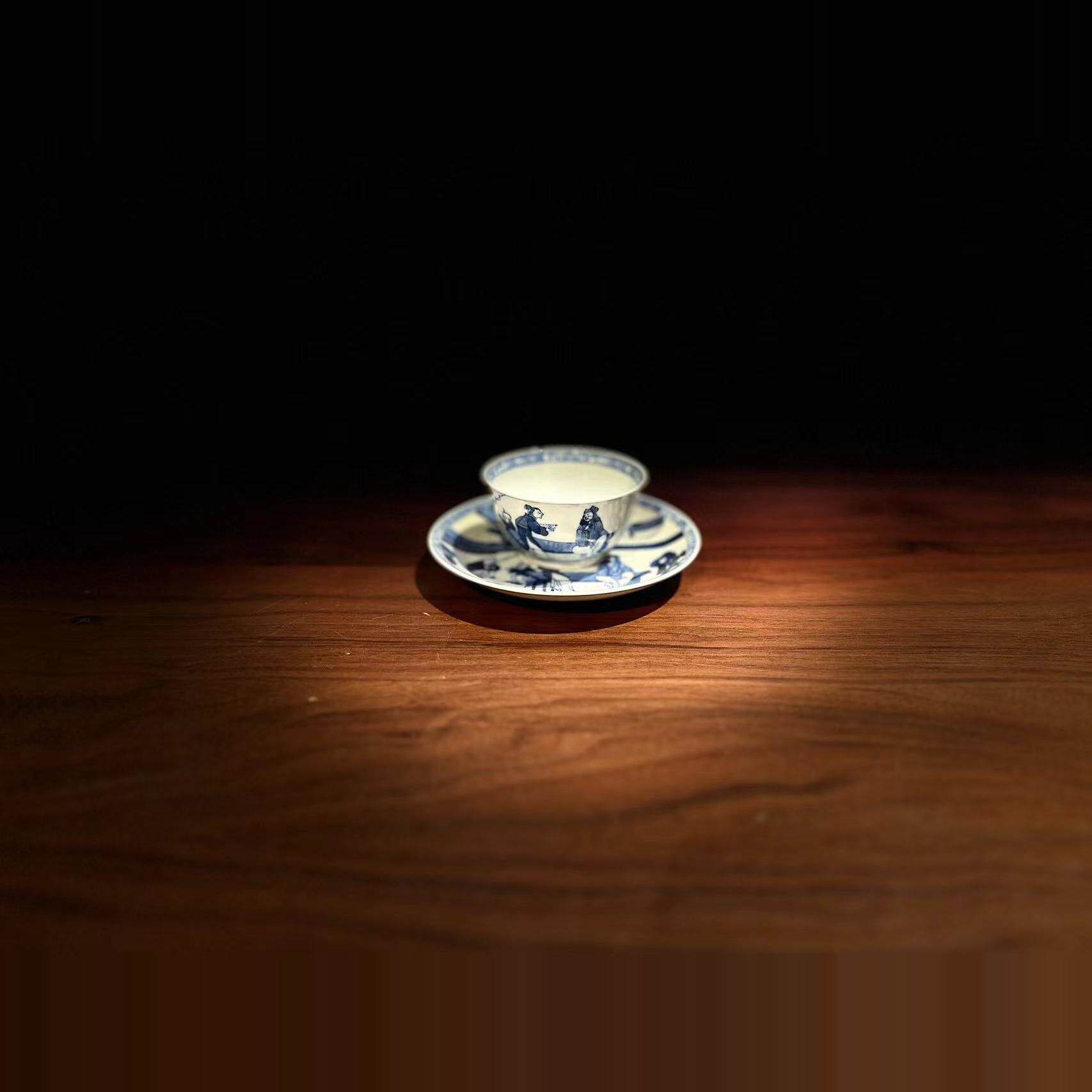 清代晚期精品青花主人杯 手绘人物故事图圆形若深杯大美茶席器60c