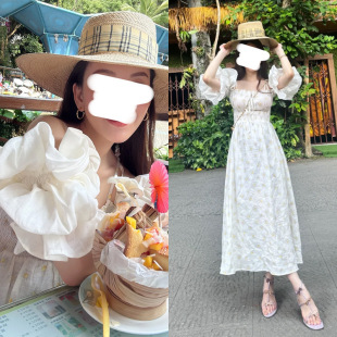 方领露背裙子 方媛同款 花瓣袖 连衣裙法式 风碎花中长款