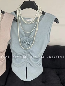 KIYOMI夏季新款实拍纯欲花朵V领无袖针织背心修身开叉褶皱短上衣