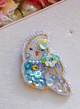 马卡龙繁花系列发饰发夹胸针法式珠片刺绣发饰浪漫蓝色鹦鹉发夹