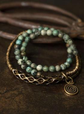 复古小众蒙古绿松多圈手链男 原创手工铜饰混搭设计哑光手串女款