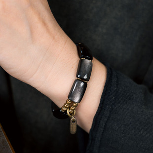 非鱼之家个性 原创设计复古双层手串手链男 百搭黑曜银曜石手排女