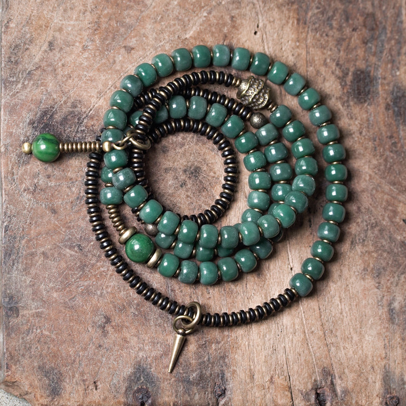 非鱼之家民族风绿色阴皮菩提根多层手链项链女年轻个性手串饰品男